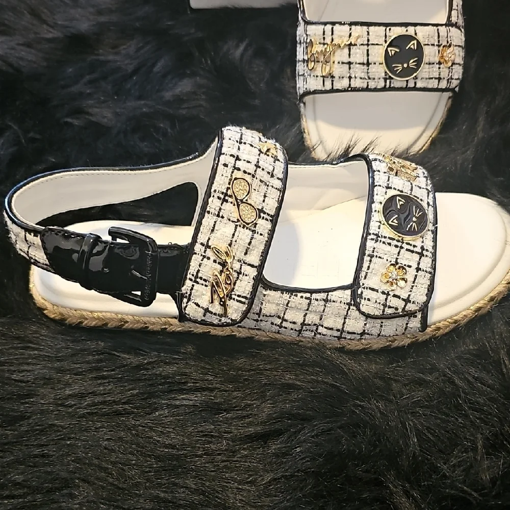 Karl Lagerfeld Women's Black and White Tweed Sandals - Picture 2 of 5
